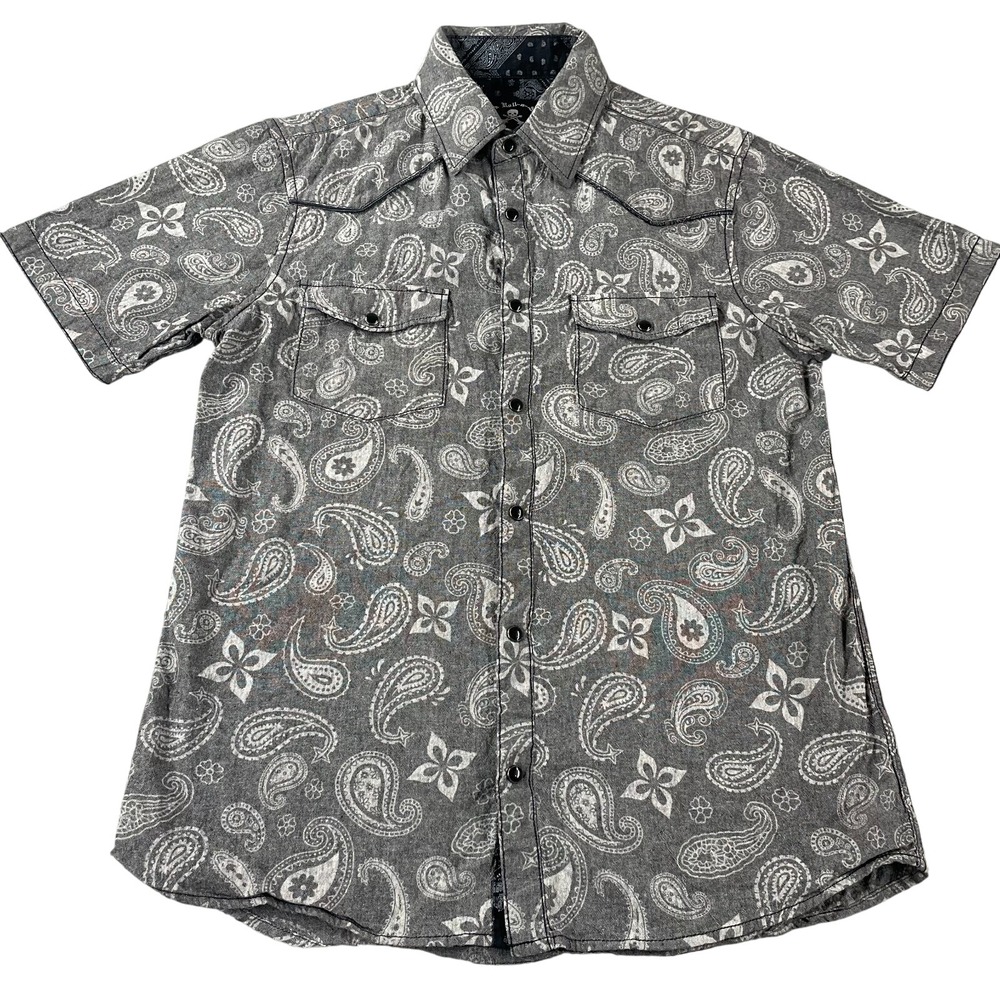 Rock Roll n Soul Mens Small Gray Paisley Western Pearl Snap Short Sleeve Shirt
